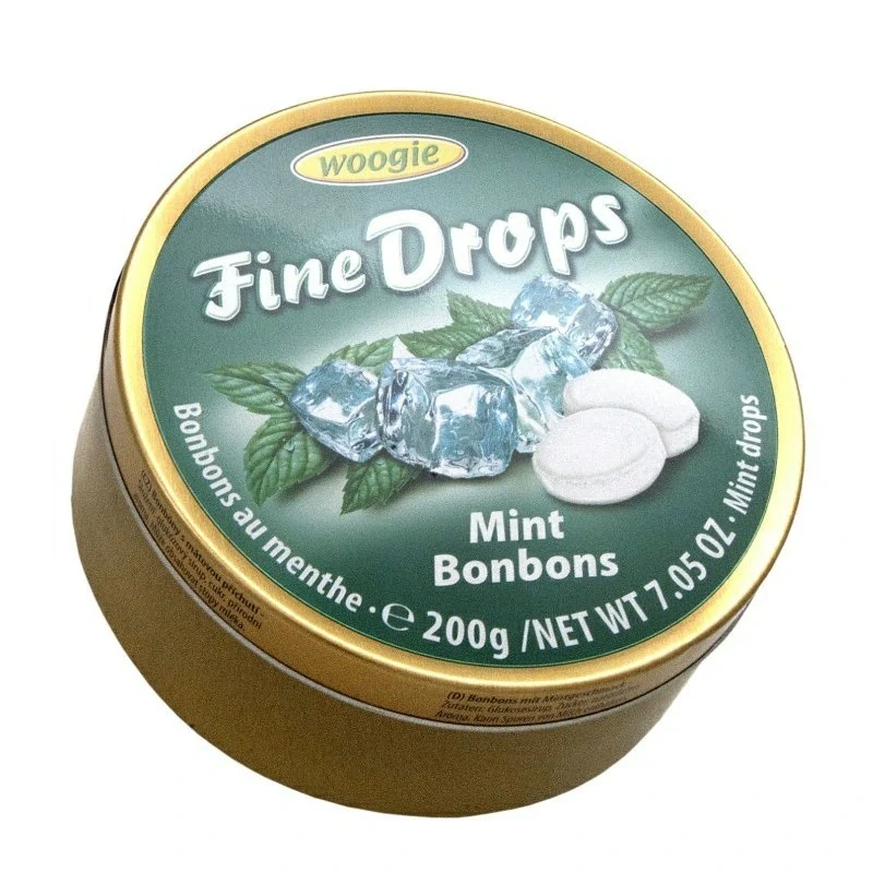 Woogie 2/26 Fine Drops - Bonbónky s příchutí máty v plechové dóze 200g
