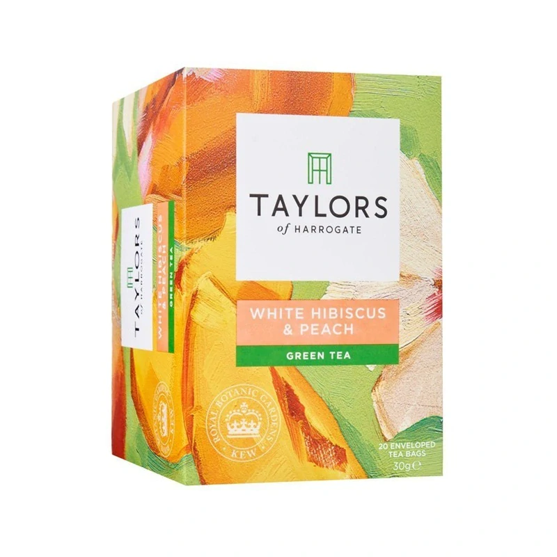 Taylors White Hibiscus&Peach Green - Bílý ibišek&broskev ochucený zelený čaj 20 x 1,06g